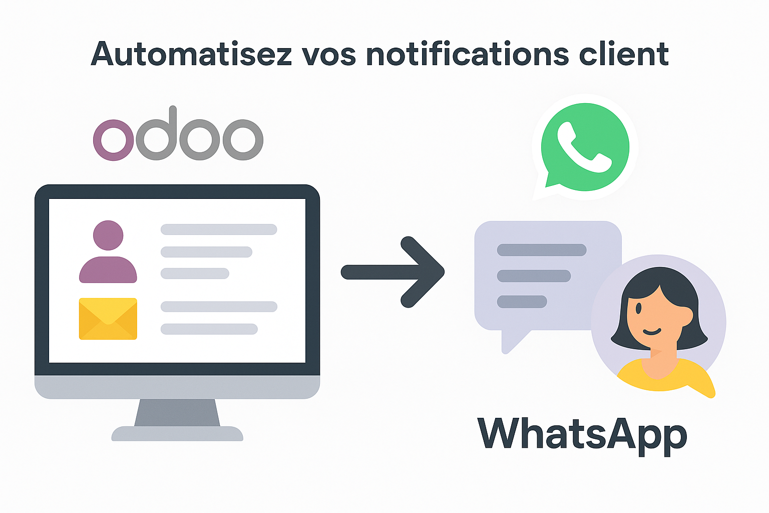 Illustration de l'intégration Odoo WhatsApp pour l’automatisation des notifications clients via une interface simplifiée