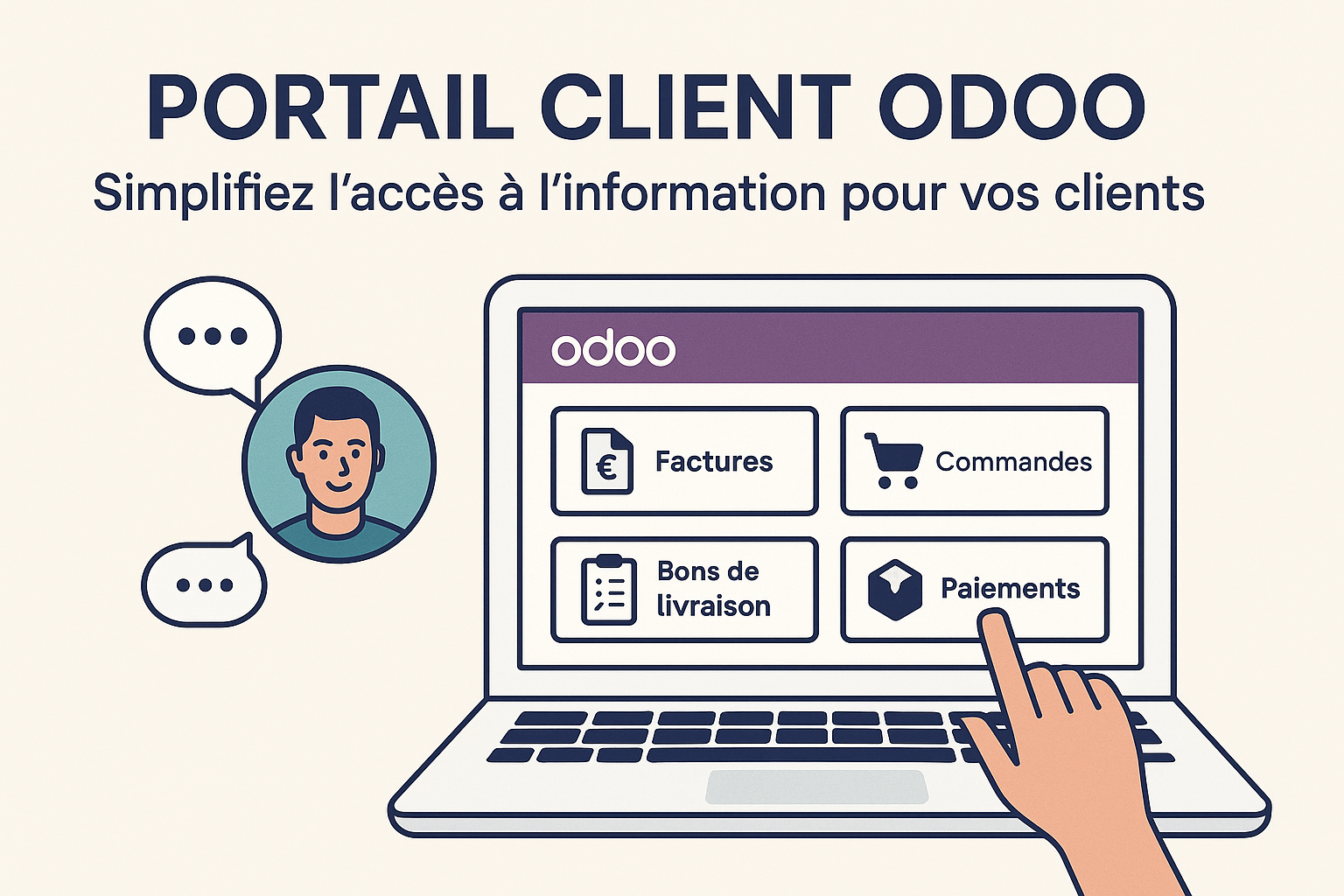 Illustration du portail client Odoo avec accès aux factures, commandes, livraisons et paiements via une interface intuitive