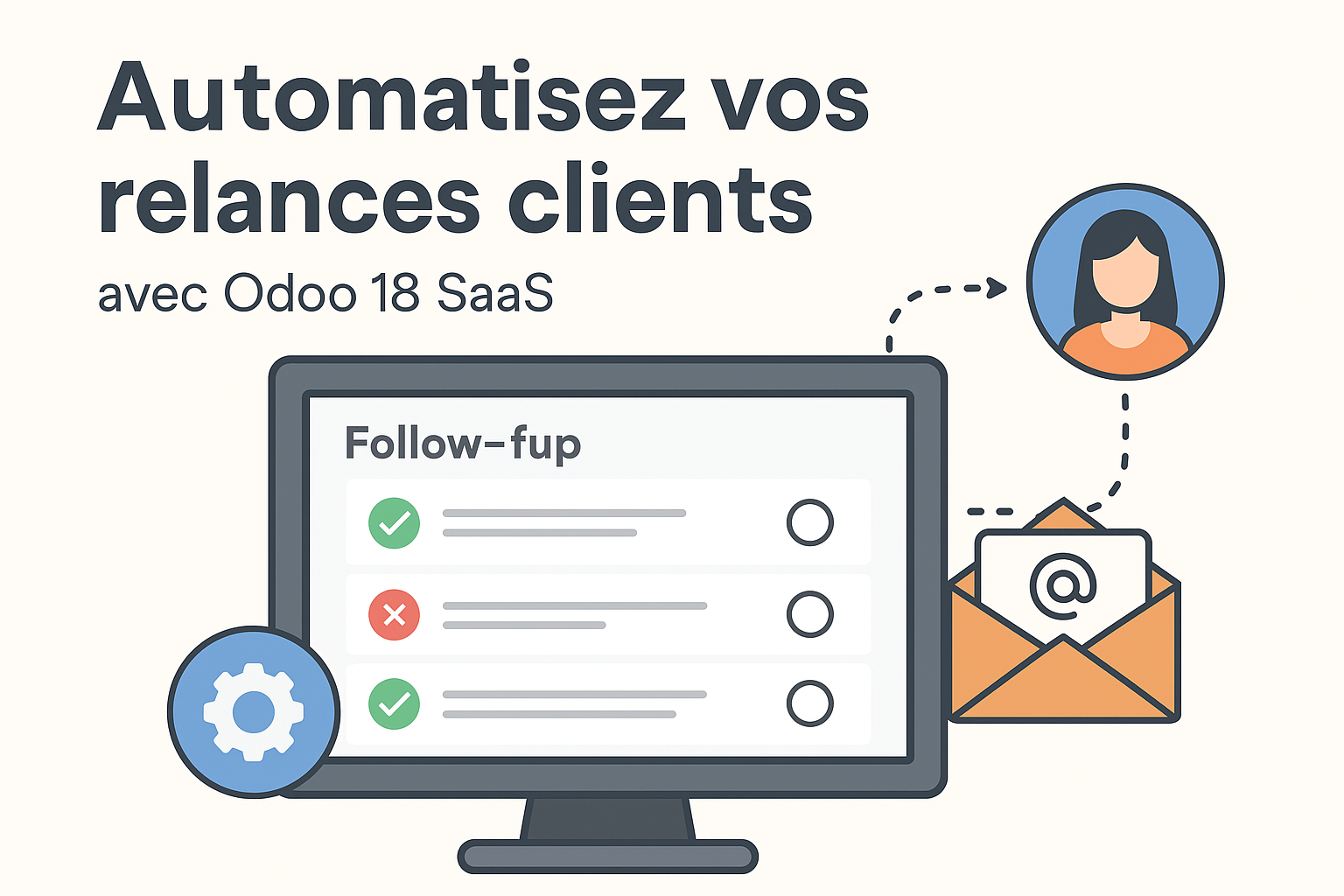 Illustration rectangle des relances clients Odoo automatisées avec écran, suivi des paiements et communication client