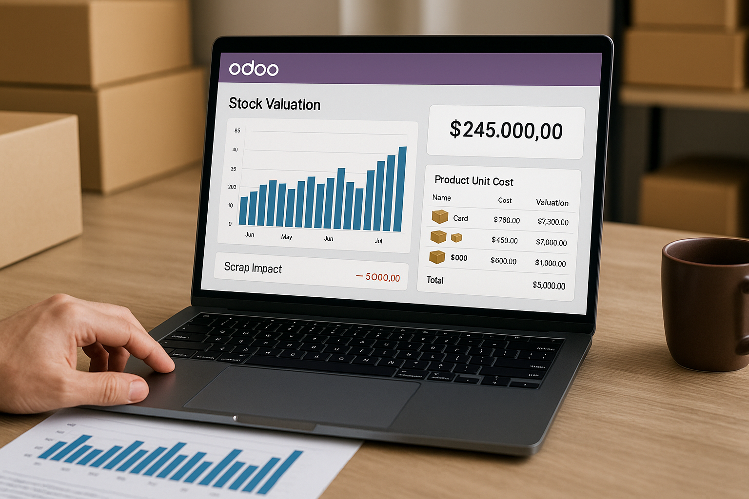 Tableau de bord de valorisation stock Odoo affiché sur un ordinateur portable avec indicateurs de coût unitaire et stock en temps réel