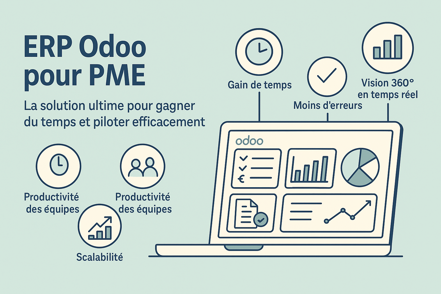ERP Odoo pour PME en flat design avec icônes des bénéfices clés de la gestion centralisée